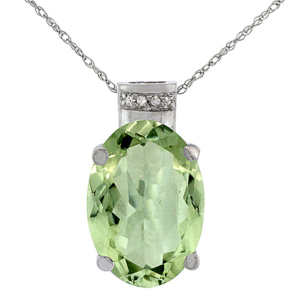 10K WHITE GOLD DIAMOND NATURAL GREEN AMETHYST PENDANT OVAL 14X10 MM