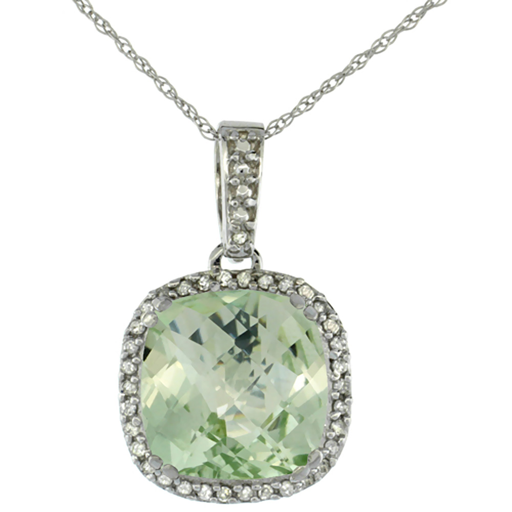 10K WHITE GOLD DIAMOND HALO NATURAL GREEN AMETHYST NECKLACE CUSHION SHAPED 10X10MM, 18 INCH LONG