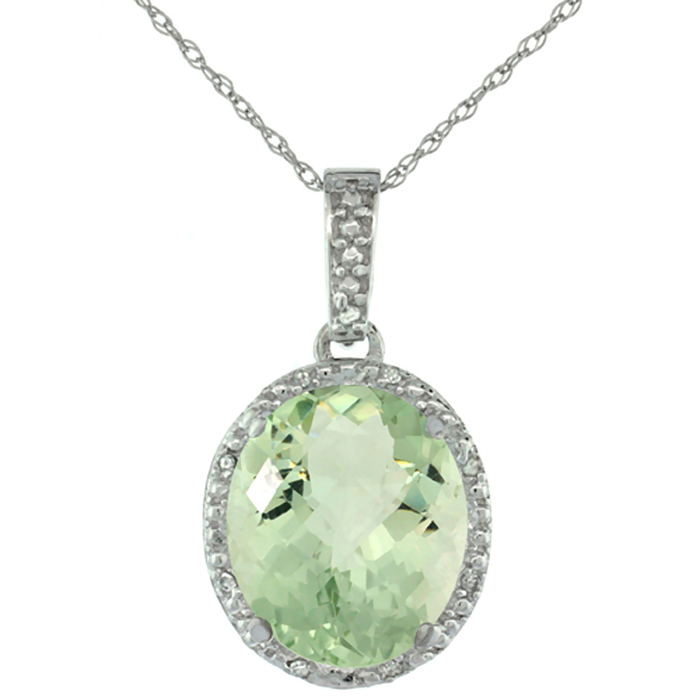 10K White Gold Diamond Halo Natural Green Amethyst Necklace Oval 12x10 mm, 18 inch long