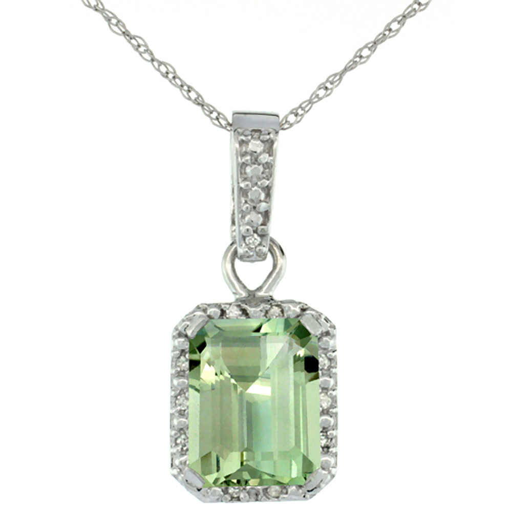 10K WHITE GOLD NATURAL GREEN AMETHYST PENDANT OCTAGON 8X6 MM & DIAMOND ACCENTS