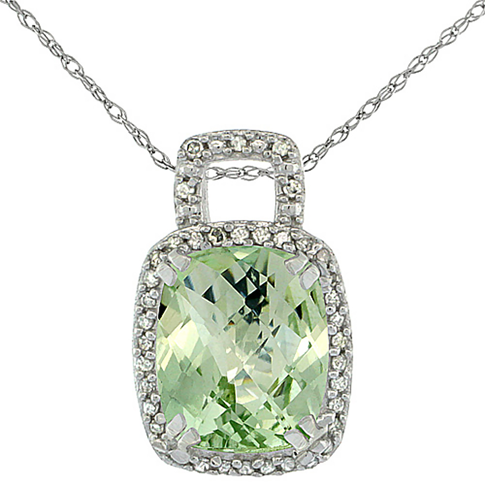 10K WHITE GOLD NATURAL GREEN AMETHYST PENDANT OCTAGON CUSHION 10X8 MM & DIAMOND ACCENTS