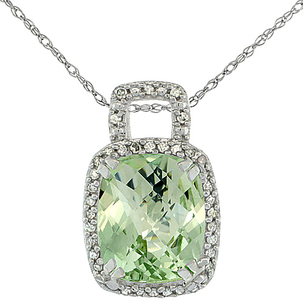 10K White Gold Natural Green Amethyst Pendant Octagon Cushion 10x8 mm &amp; Diamond Accents
