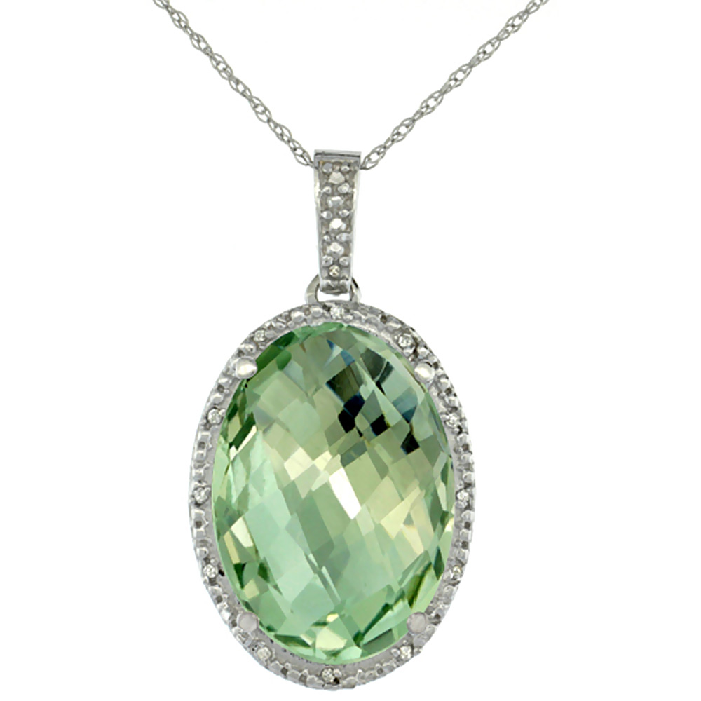 10K WHITE GOLD DIAMOND NATURAL GREEN AMETHYST PENDANT OVAL 18X13 MM