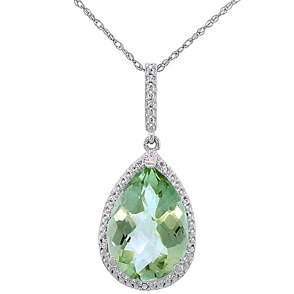 10K White Gold Diamond Halo Natural Green Amethyst Necklace Pear Shaped 15x10 mm, 18 inch long