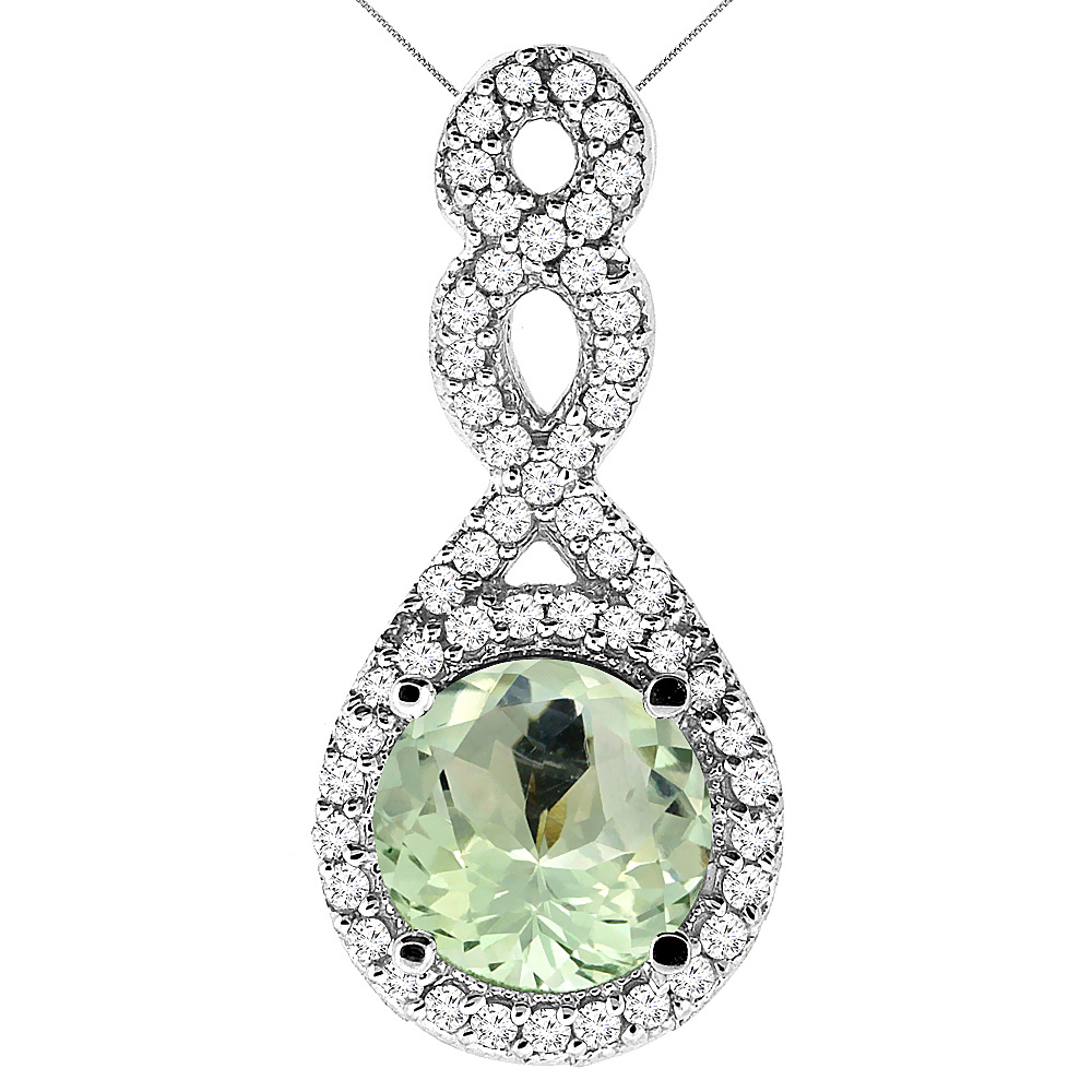 10K White Gold Natural Green Amethyst Eternity Pendant Round 7x7mm with 18 inch Gold Chain