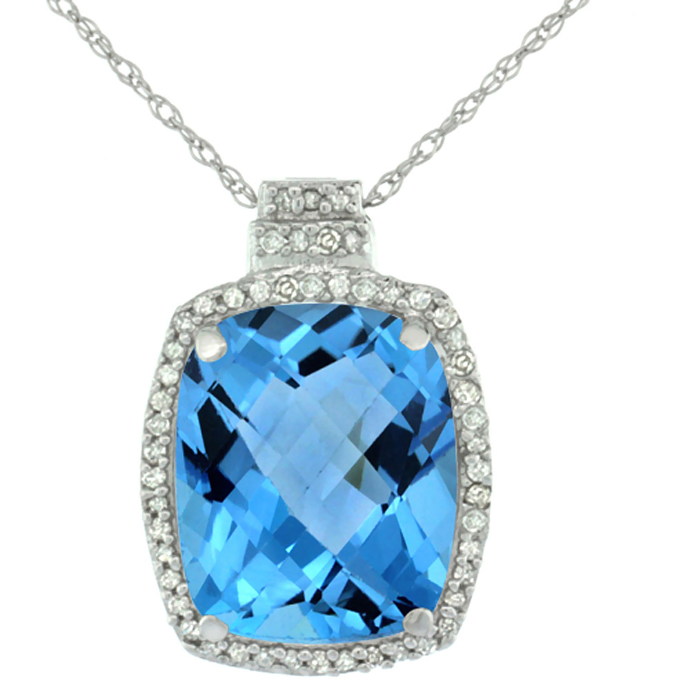 10K WHITE GOLD 0.20 CTTW DIAMOND NATURAL SWISS BLUE TOPAZ PENDANT OCTAGON CUSHION 11X9 MM