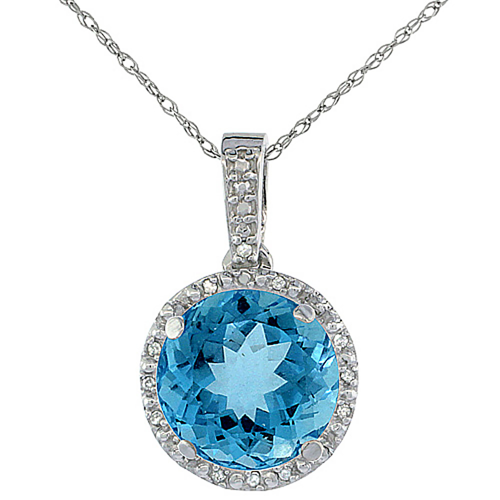 10K WHITE GOLD 0.03 CTTW DIAMOND NATURAL SWISS BLUE TOPAZ PENDANT ROUND 11X11 MM