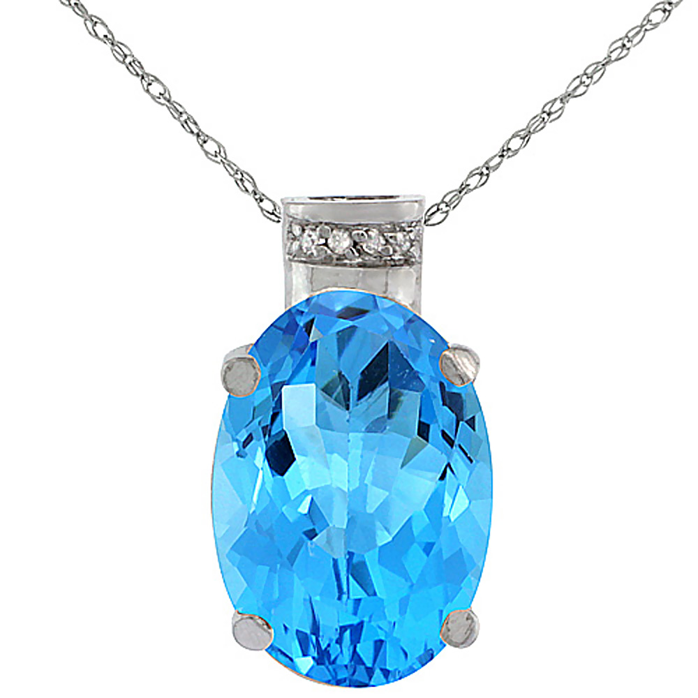 10K WHITE GOLD DIAMOND NATURAL SWISS BLUE TOPAZ PENDANT OVAL 14X10 MM