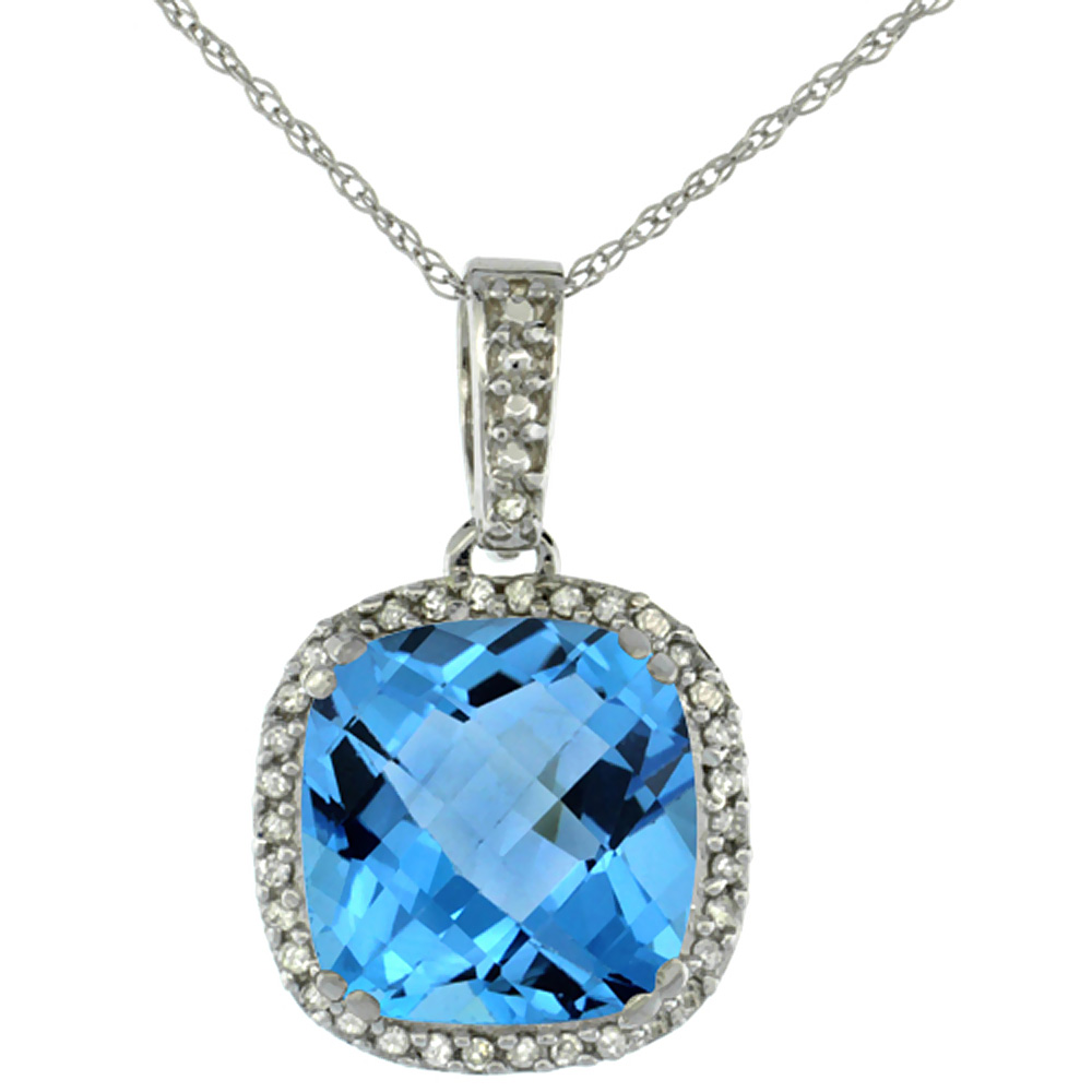 10k White Gold Diamond Halo Natural Swiss Blue Topaz Necklace Cushion Shaped 10x10mm, 18 inch long