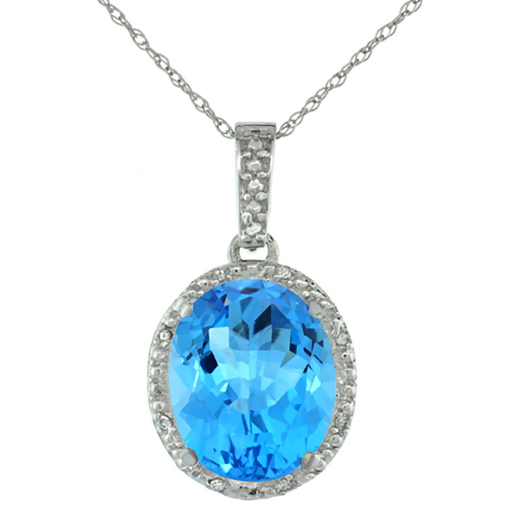10K White Gold Diamond Halo Natural Swiss Blue Topaz Necklace Oval 12x10 mm, 18 inch long