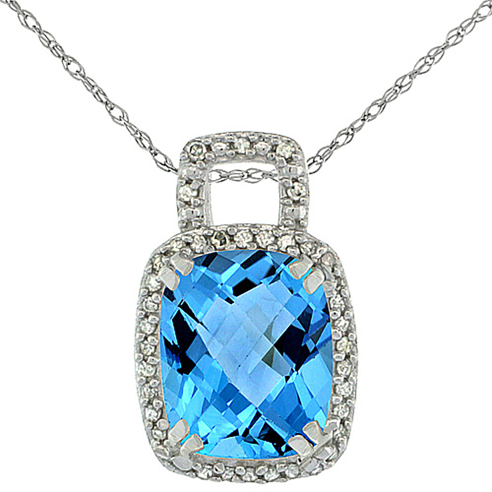 10K WHITE GOLD NATURAL SWISS BLUE TOPAZ PENDANT OCTAGON CUSHION 10X8 MM & DIAMOND ACCENTS