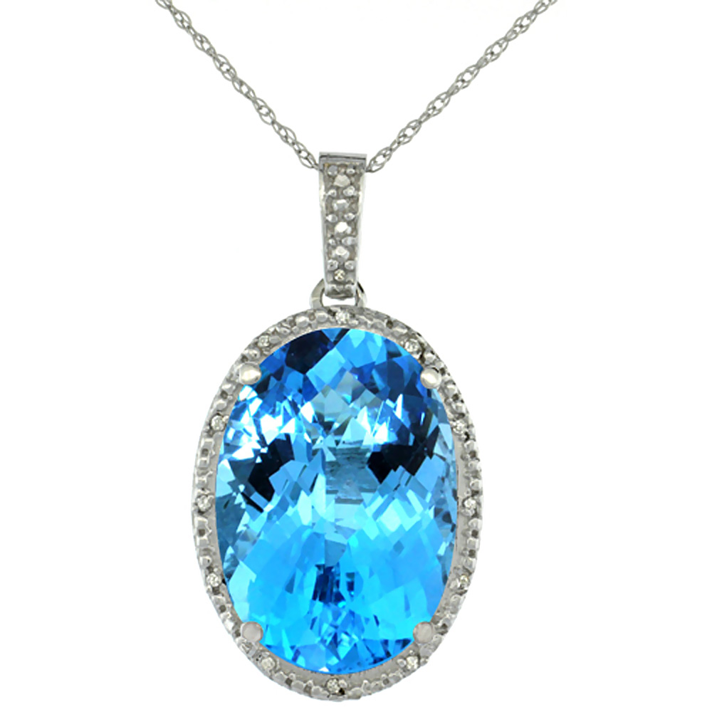 10K WHITE GOLD DIAMOND NATURAL SWISS BLUE TOPAZ PENDANT OVAL 18X13 MM