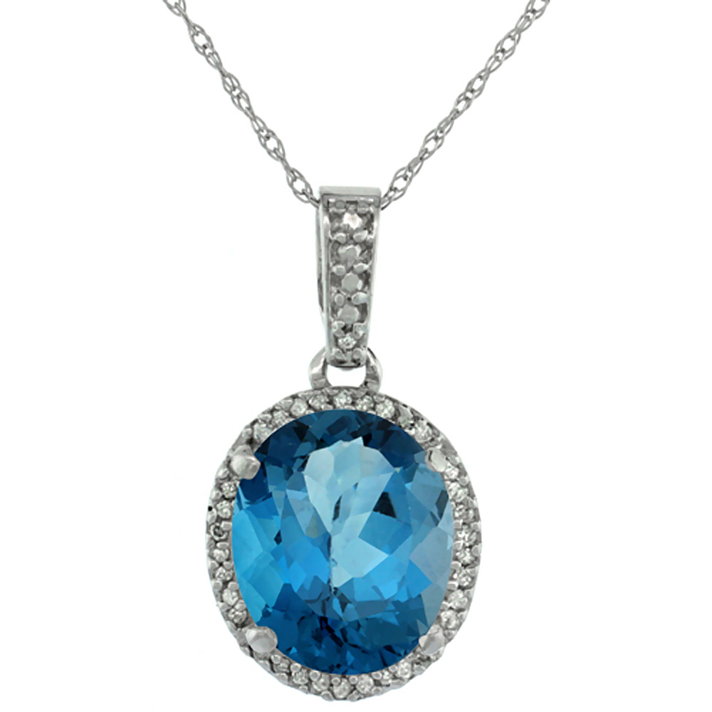 10K WHITE GOLD NATURAL LONDON BLUE TOPAZ PENDANT OVAL 11X9 MM