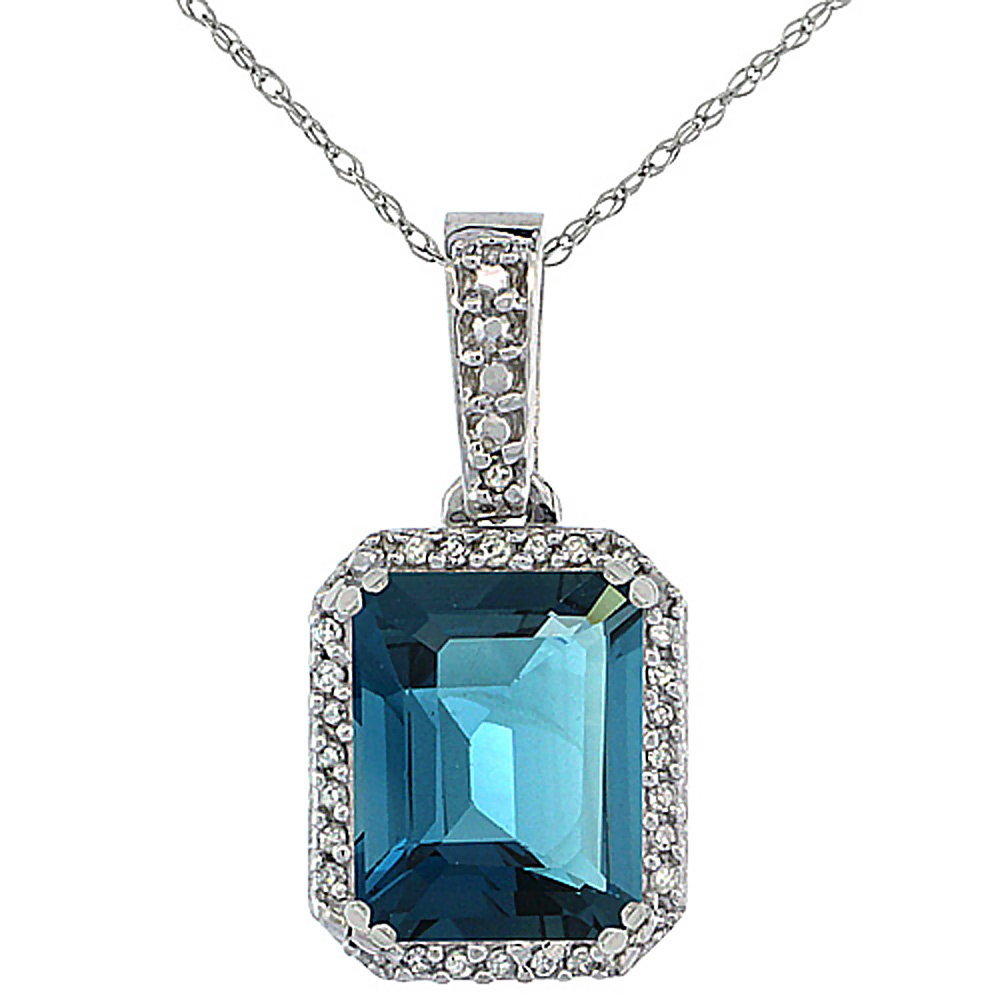 10K WHITE GOLD DIAMOND NATURAL LONDON BLUE TOPAZ PENDANT OCTAGON 9X7 MM