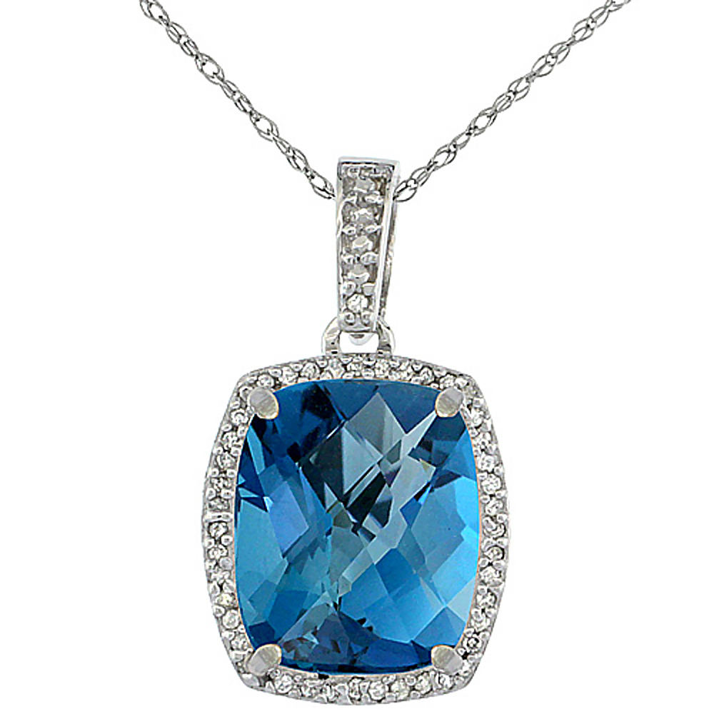 10K WHITE GOLD NATURAL LONDON BLUE TOPAZ PENDANT OCTAGON CUSHION 12X10 MM