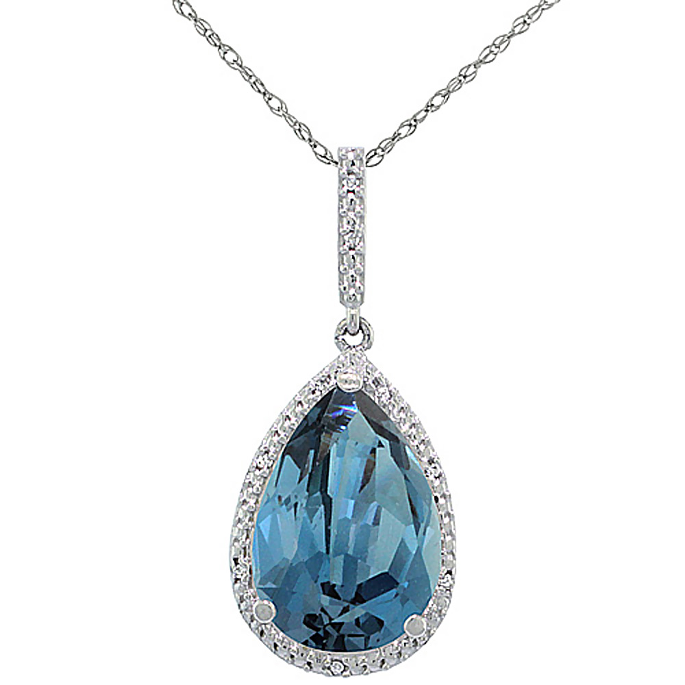 10K White Gold Diamond Halo Natural London Blue Topaz Necklace Pear Shaped 15x10 mm, 18 inch long