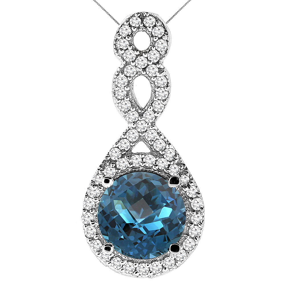 10K WHITE GOLD NATURAL LONDON BLUE TOPAZ ETERNITY PENDANT ROUND 7X7MM WITH 18 INCH GOLD CHAIN