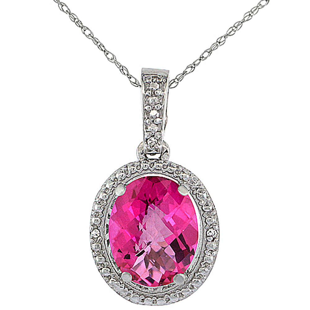 10K WHITE GOLD 0.09 CTTW DIAMOND NATURAL PINK TOPAZ PENDANT OVAL 10X8 MM