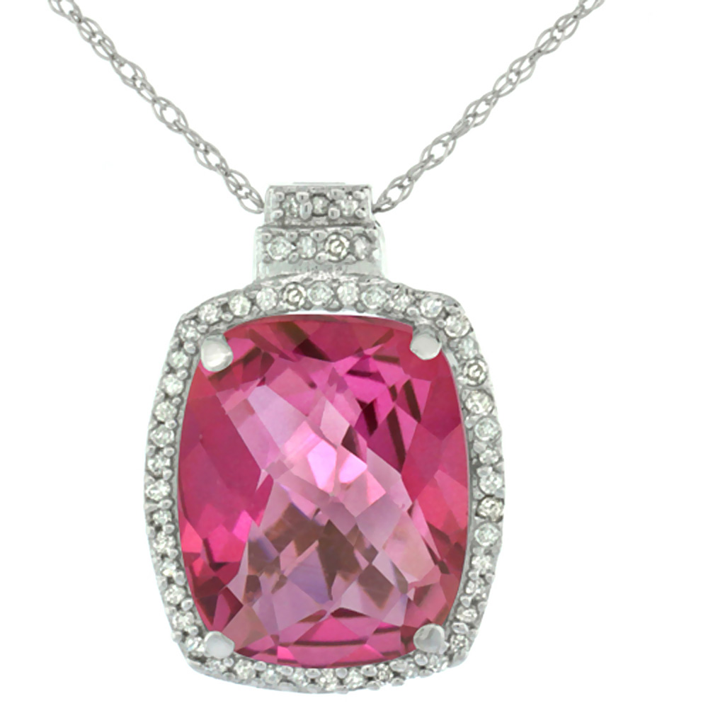 10K WHITE GOLD 0.20 CTTW DIAMOND NATURAL PINK TOPAZ PENDANT OCTAGON CUSHION 11X9 MM