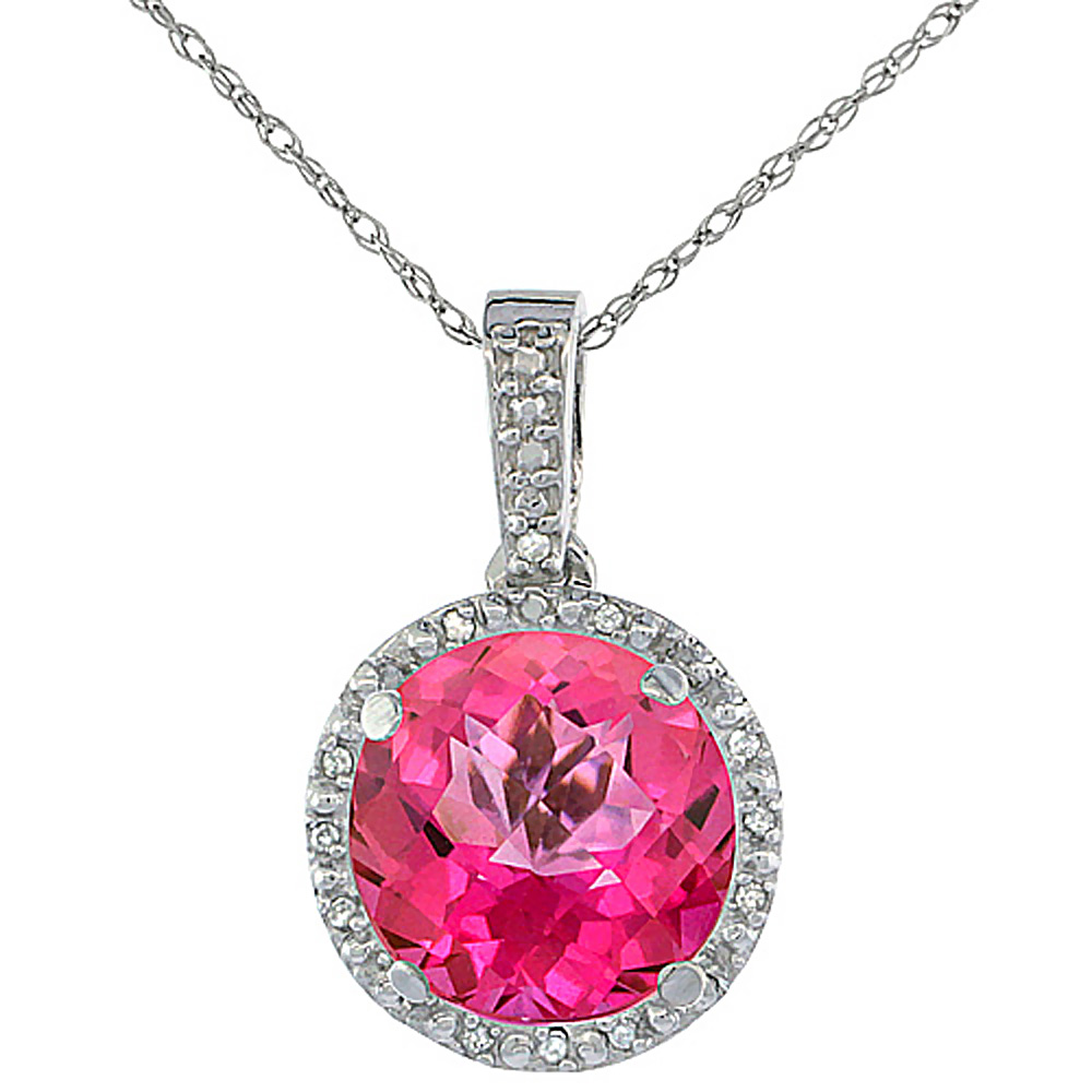 10K WHITE GOLD 0.03 CTTW DIAMOND NATURAL PINK TOPAZ PENDANT ROUND 11X11 MM