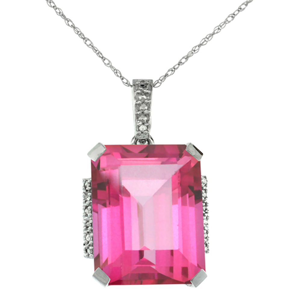 10K WHITE GOLD NATURAL PINK TOPAZ PENDANT OCTAGON 16X12 MM & DIAMOND ACCENTS