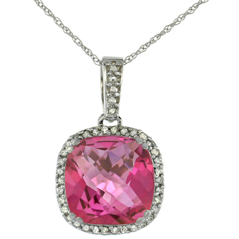 10k White Gold Diamond Halo Natural Pink Topaz Necklace Cushion Shaped 10x10mm, 18 inch long