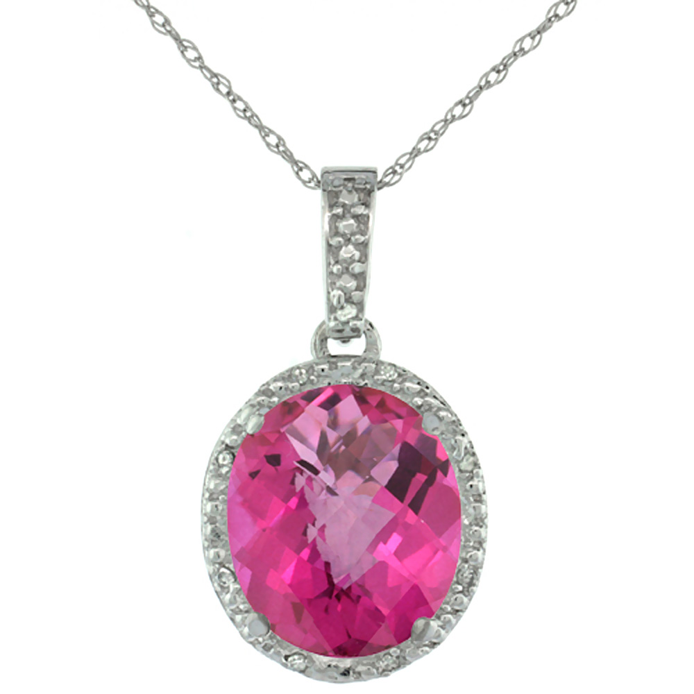 10K White Gold Diamond Halo Natural Pink Topaz Necklace Oval 12x10 mm, 18 inch long