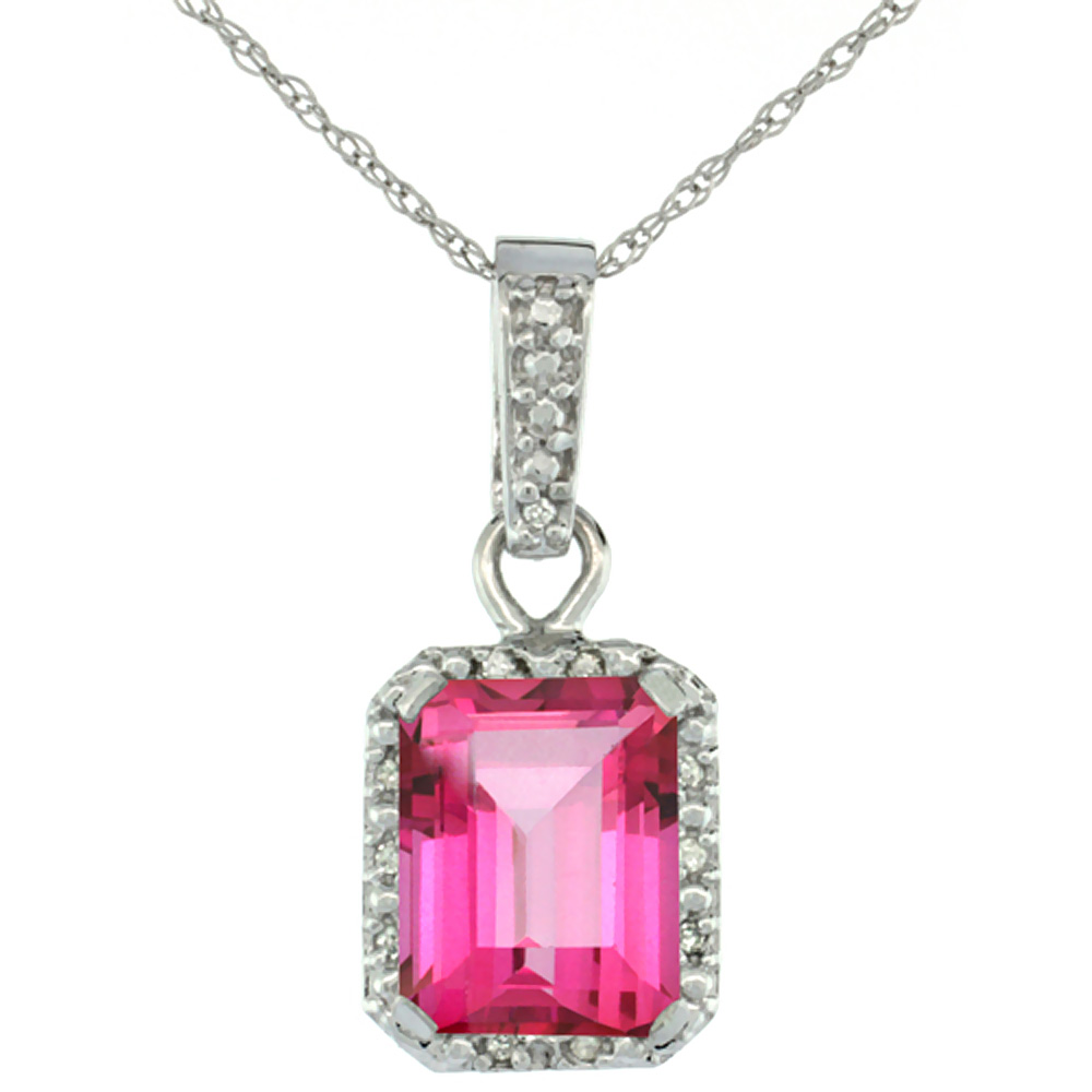 10K WHITE GOLD NATURAL PINK TOPAZ PENDANT OCTAGON 8X6 MM & DIAMOND ACCENTS