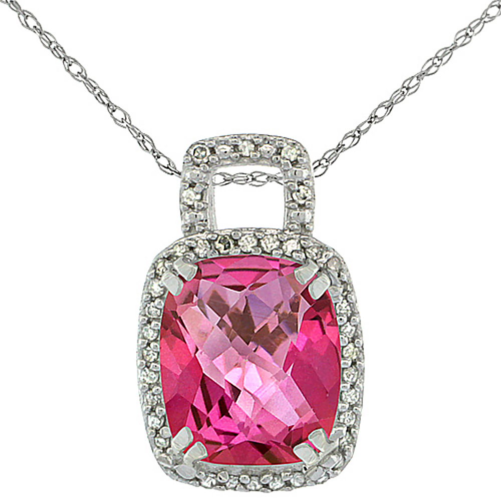 10K WHITE GOLD NATURAL PINK TOPAZ PENDANT OCTAGON CUSHION 10X8 MM & DIAMOND ACCENTS