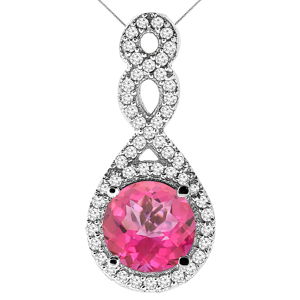 10K WHITE GOLD NATURAL PINK TOPAZ ETERNITY PENDANT ROUND 7X7MM WITH 18 INCH GOLD CHAIN
