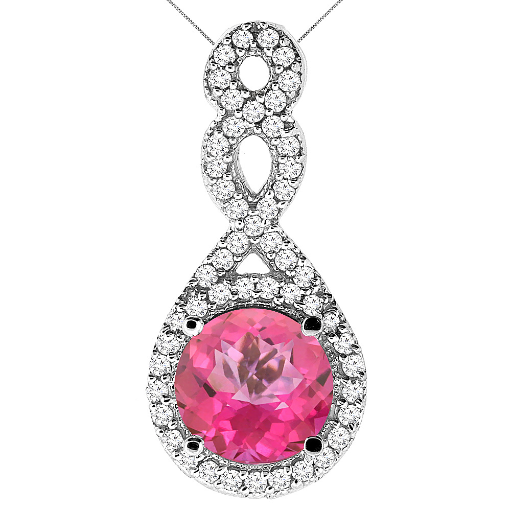 14K White Gold Natural Pink Topaz Eternity Pendant Round 7x7mm with 18 inch Gold Chain