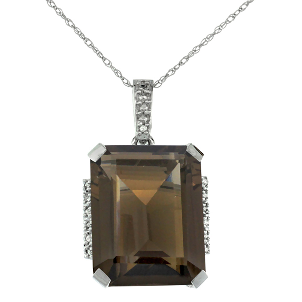 10K WHITE GOLD NATURAL SMOKY TOPAZ PENDANT OCTAGON 16X12 MM & DIAMOND ACCENTS