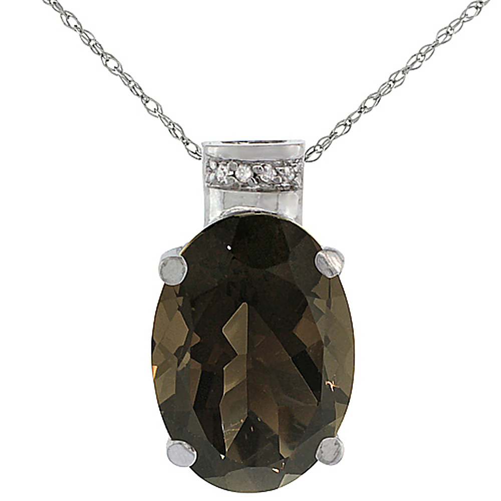 10K WHITE GOLD DIAMOND NATURAL SMOKY TOPAZ PENDANT OVAL 14X10 MM