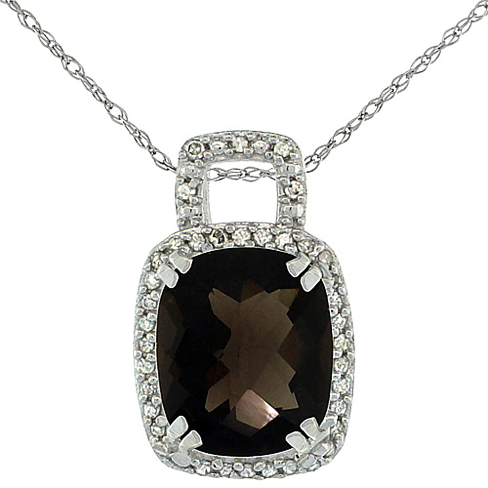 10K WHITE GOLD NATURAL SMOKY TOPAZ PENDANT OCTAGON CUSHION 10X8 MM & DIAMOND ACCENTS