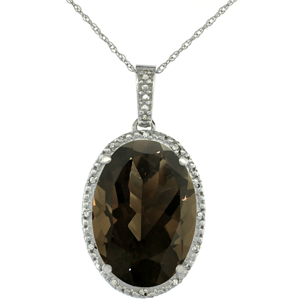 10K WHITE GOLD DIAMOND NATURAL SMOKY TOPAZ PENDANT OVAL 18X13 MM