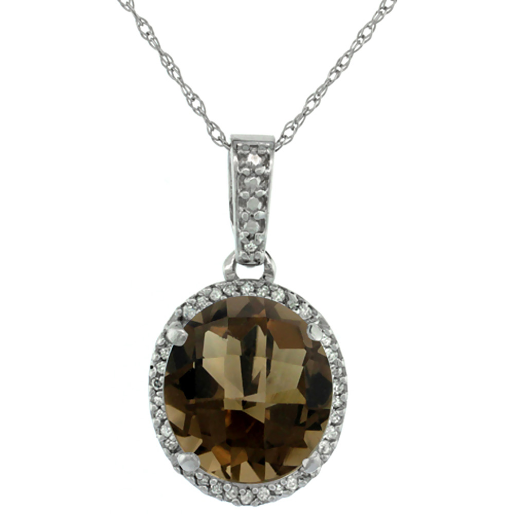 10K WHITE GOLD NATURAL SMOKY TOPAZ PENDANT OVAL 11X9 MM
