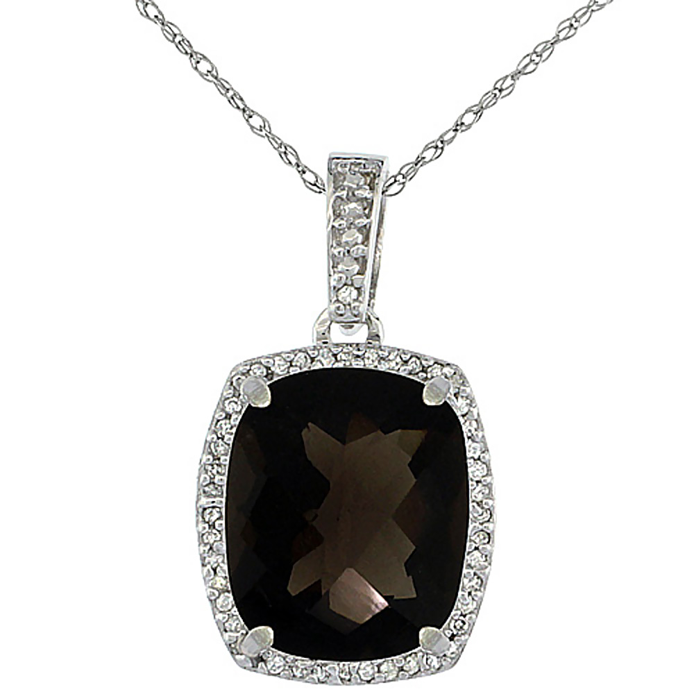 10K WHITE GOLD NATURAL SMOKY TOPAZ PENDANT OCTAGON CUSHION 12X10 MM