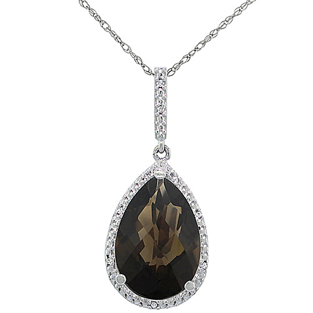 10K WHITE GOLD DIAMOND HALO NATURAL SMOKY TOPAZ NECKLACE PEAR SHAPED 15X10 MM, 18 INCH LONG