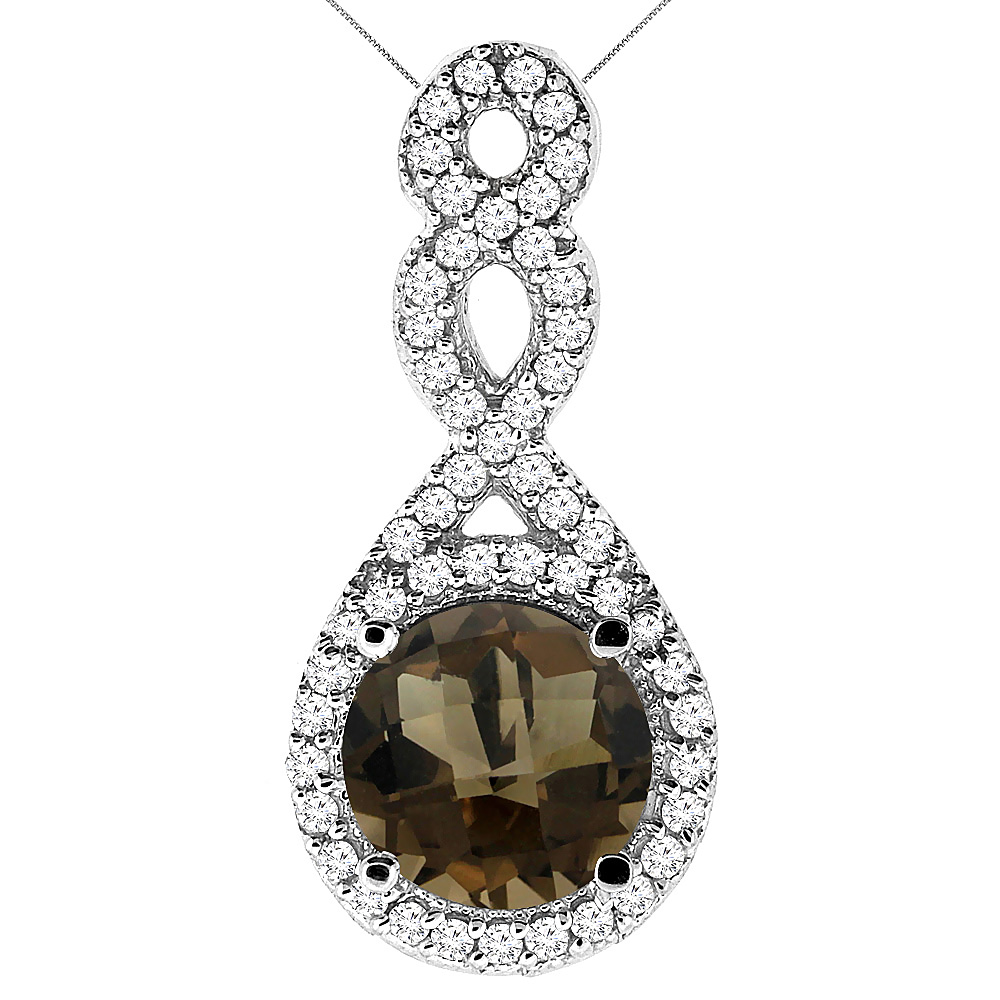 10K White Gold Natural Smoky Topaz Eternity Pendant Round 7x7mm with 18 inch Gold Chain