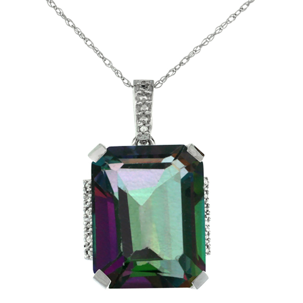 10K WHITE GOLD NATURAL MYSTIC TOPAZ PENDANT OCTAGON 16X12 MM & DIAMOND ACCENTS