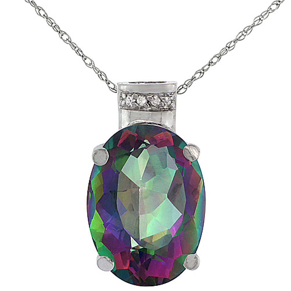 10K WHITE GOLD DIAMOND NATURAL MYSTIC TOPAZ PENDANT OVAL 14X10 MM