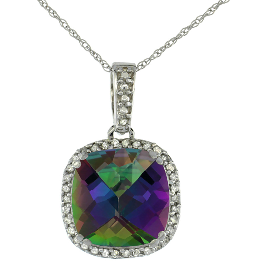 10k White Gold Diamond Halo Natural Mystic Topaz Necklace Cushion Shaped 10x10mm, 18 inch long