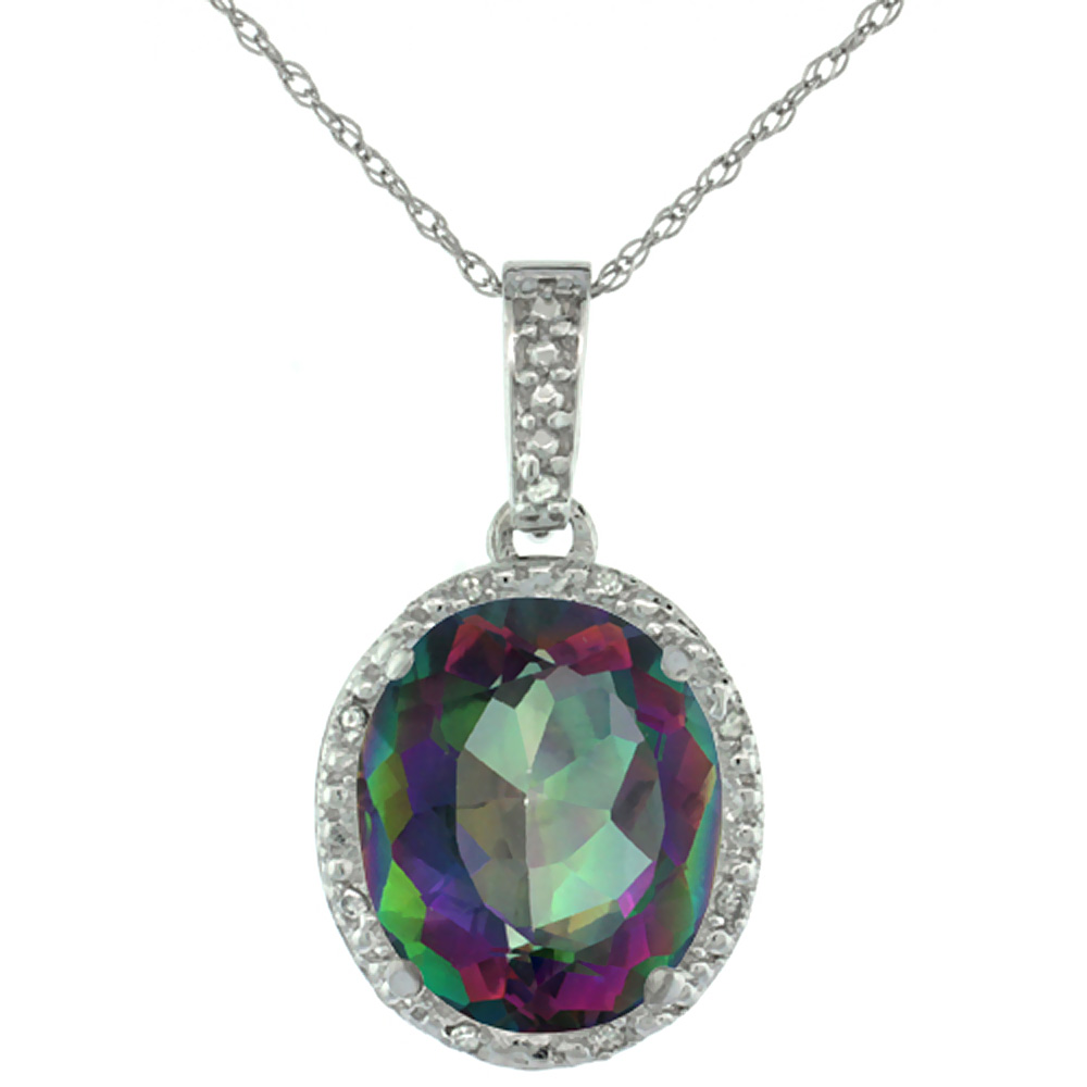 10K White Gold Diamond Halo Natural Mystic Topaz Necklace Oval 12x10 mm, 18 inch long