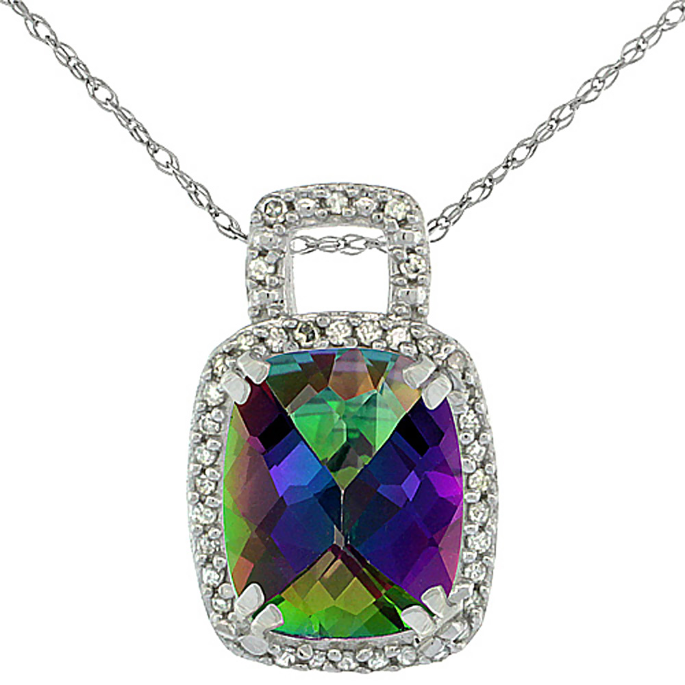 10K WHITE GOLD NATURAL MYSTIC TOPAZ PENDANT OCTAGON CUSHION 10X8 MM & DIAMOND ACCENTS