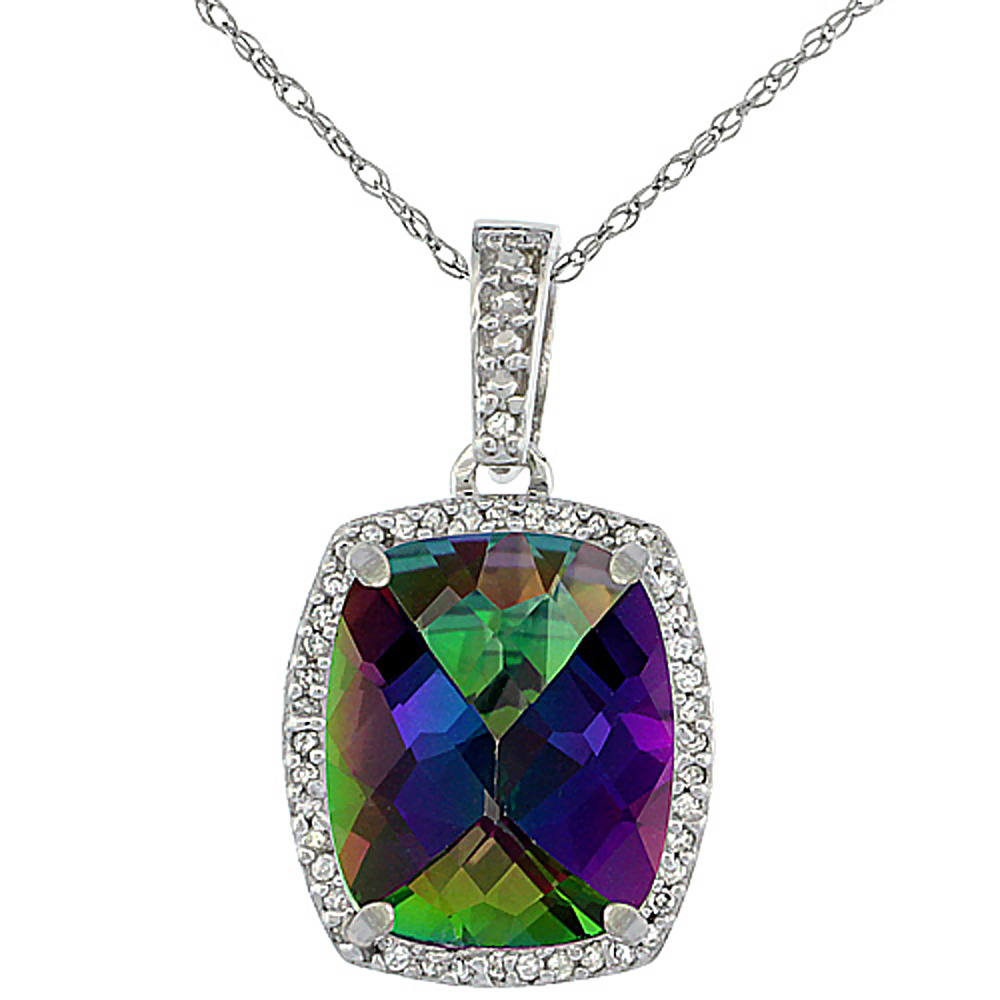 10K WHITE GOLD NATURAL MYSTIC TOPAZ PENDANT OCTAGON CUSHION 12X10 MM