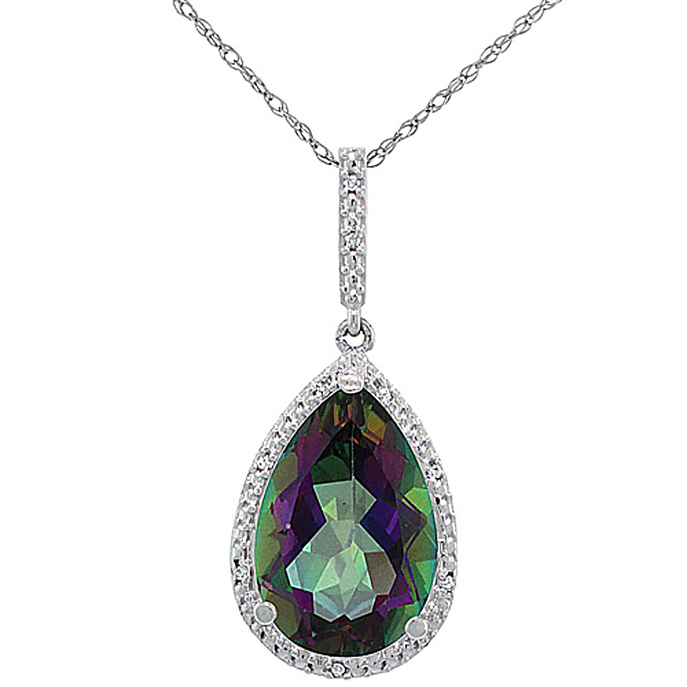 10K White Gold Diamond Halo Natural Mystic Topaz Necklace Pear Shaped 15x10 mm, 18 inch long