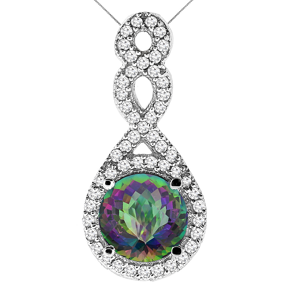 14K White Gold Natural Mystic Topaz Eternity Pendant Round 7x7mm with 18 inch Gold Chain