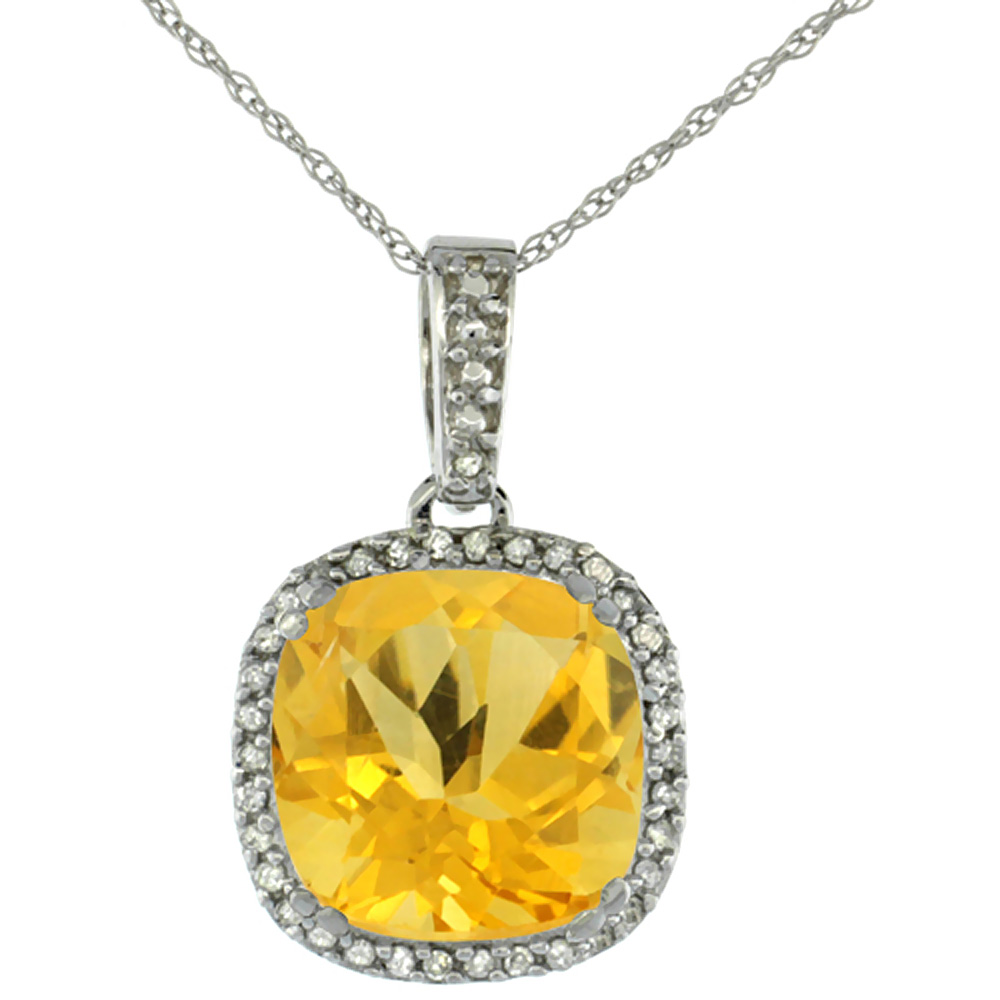 10k White Gold Diamond Halo Natural Citrine Necklace Cushion Shaped 10x10mm, 18 inch long