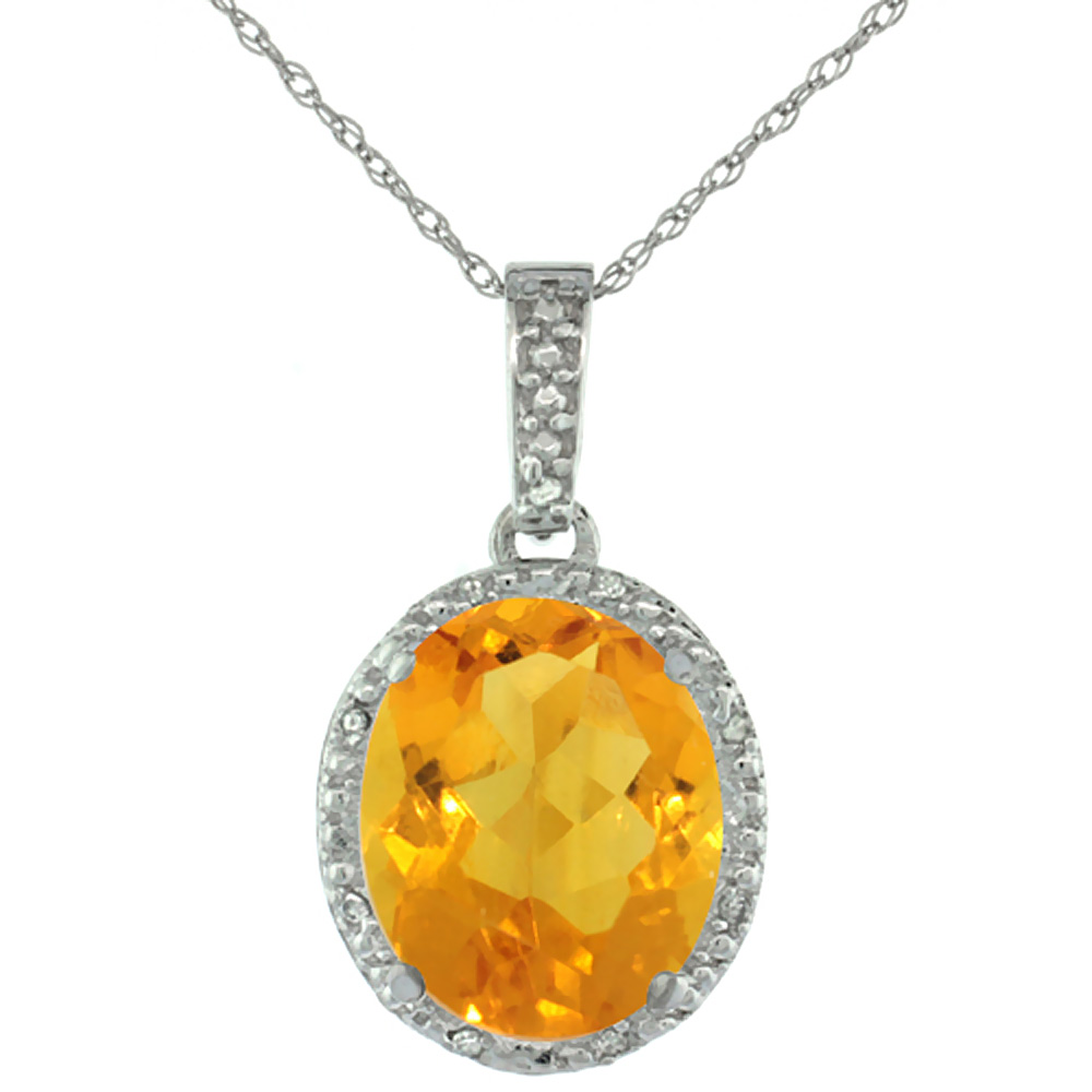 10K White Gold Diamond Halo Natural Citrine Necklace Oval 12x10 mm, 18 inch long