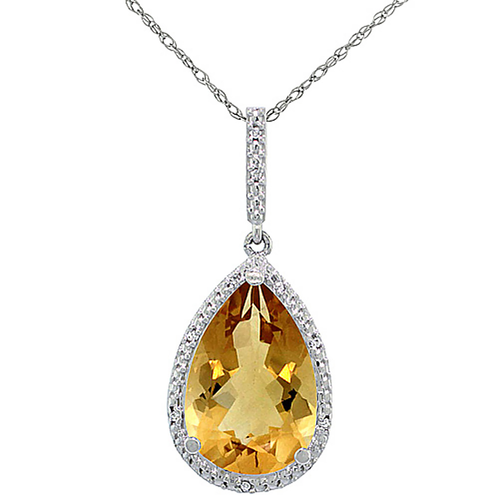 10K White Gold Diamond Halo Natural Citrine Necklace Pear Shaped 15x10 mm, 18 inch long